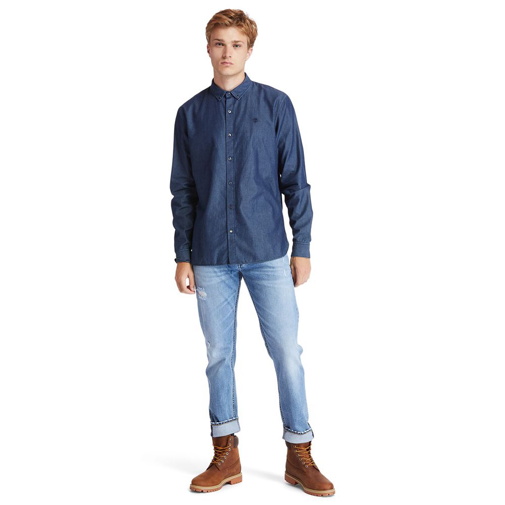 Timberland Mens Shirts Mumford River Slim-Fit Chambray - Navy - India KC7652193